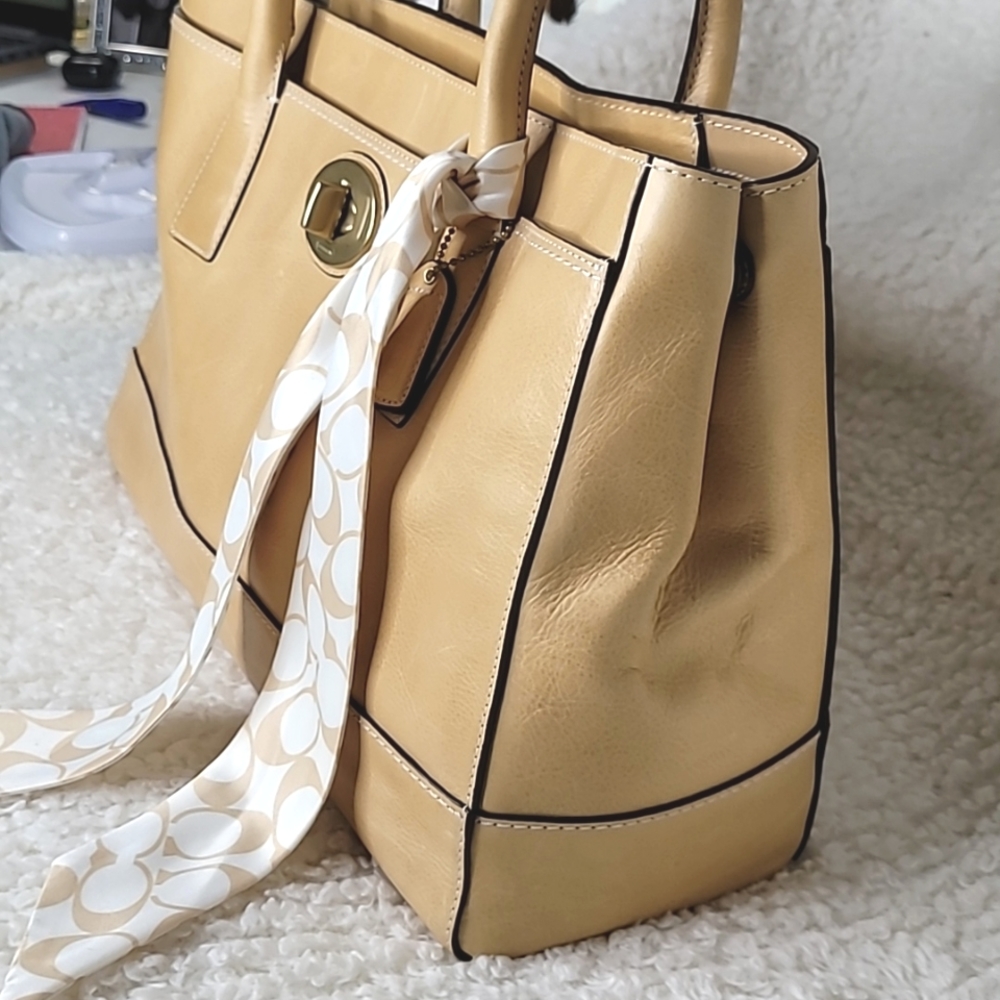 COACH | Madeline Tan Putty Satchel Bag w/Logo Scarf & Dust bag - Picture 3 of 16